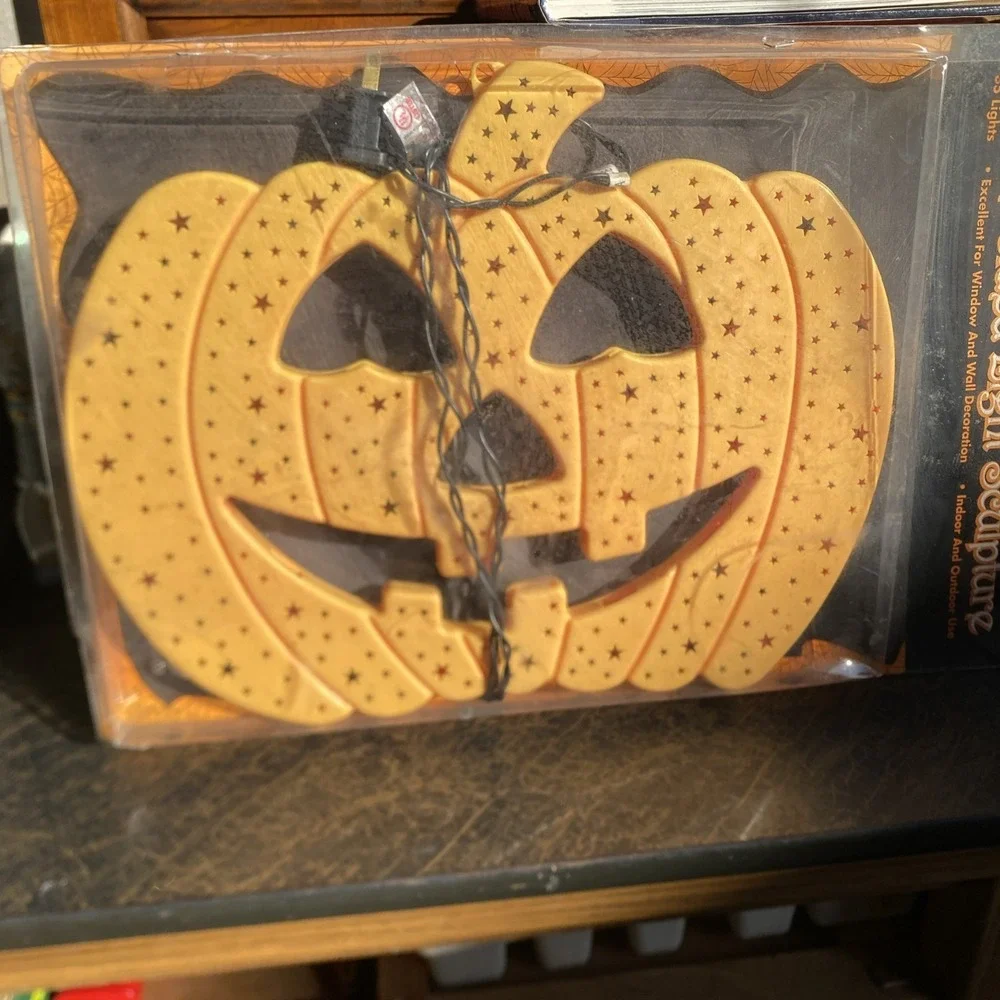 VTG Jack O Lantern Light‎ Up Plug In Window Pumpkin Double Sided 14.25